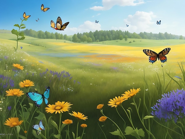 Um prado sereno cheio de flores selvagens coloridas e borboletas a voar.