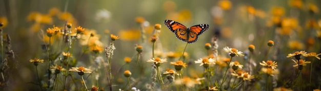 Um prado tranquilo e sereno com flores silvestres Banner horizontal AI gerado