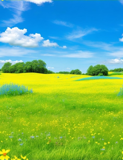 Um prado verde exuberante cheio de flores silvestres e um céu azul brilhante