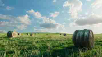 Foto um prado verde exuberante salpicado de fardos de feno dourados sob um céu azul brilhante