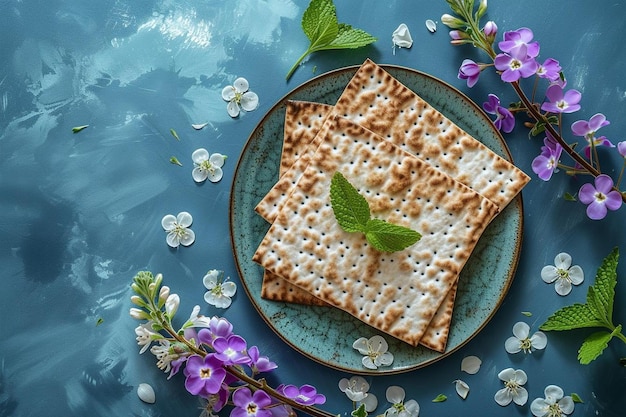 um prato azul coberto com um biscoito ao lado de flores roxas