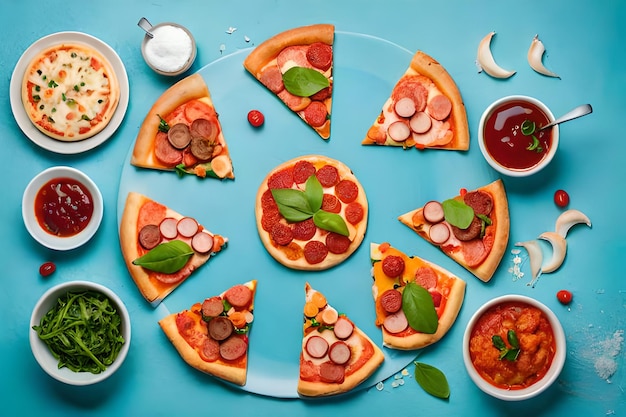 Um prato azul com pizzas e ingredientes diferentes