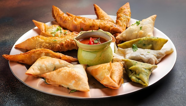 Um prato bem organizado de samosas variadas com recheio de carne e vegetais