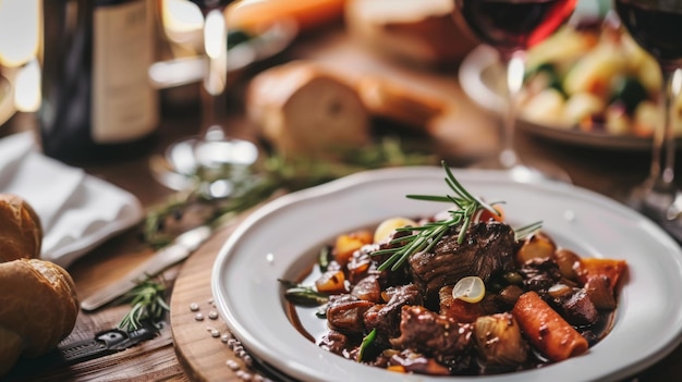 Foto um prato branco adornado com suntuoso boeuf bourguignon francês com carne macia e legumes frescos coloridos