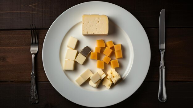 Um prato branco coberto com diferentes tipos de queijo