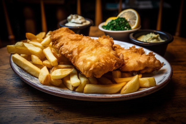 Um prato branco coberto com IA generativa de peixe e batatas fritas