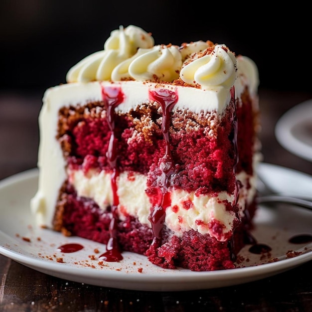 um prato branco com um bolo vermelho