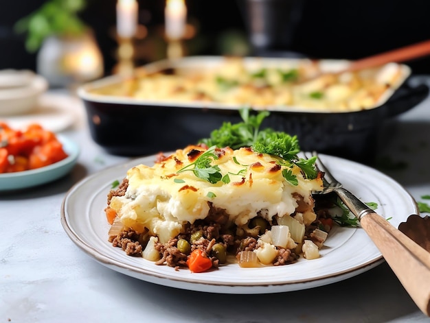 Foto um prato branco com uma caçarola de carne com dieta ceto de couve-flor