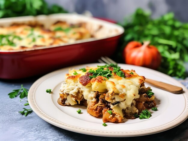 Foto um prato branco com uma caçarola de carne com dieta ceto de couve-flor