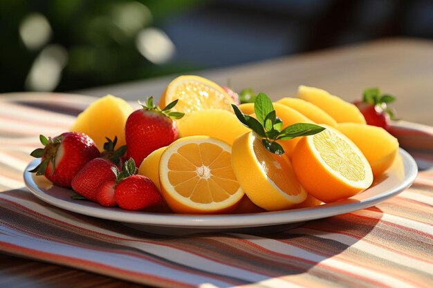 Um prato branco de frutas frescas em toalha de mesa