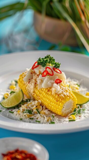 Um prato branco exibindo um milho na espiga coberto com lima de camarão e queijo parmesão