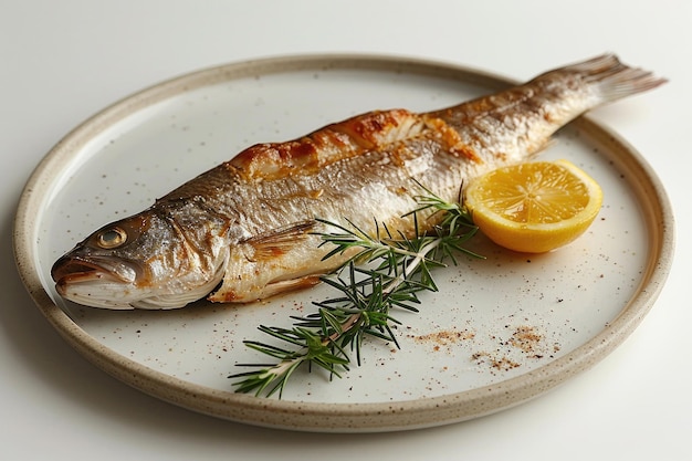 Um prato branco simples com um pedaço de peixe colocado sobre ele contra um fundo branco limpo
