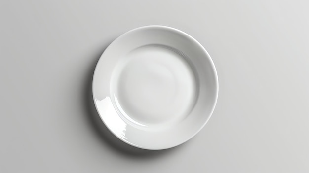Um prato branco sobre um fundo branco O prato é redondo e tem uma borda ligeiramente levantada O prato está limpo e não tem comida nele
