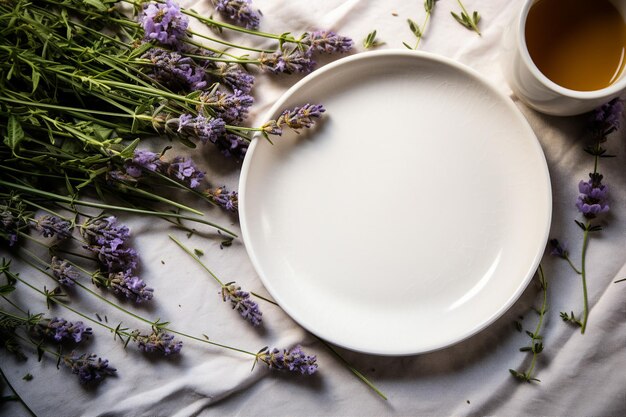 Um prato branco, uma xícara de café quente e um buquê de flores de lavanda roxa em uma toalha de mesa branca.