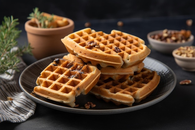 Um prato cheio de biscoitos com sementes e deliciosos waffles em pedra.