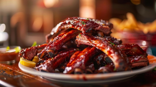 Foto um prato cheio de costelas de porco suculentas uma visão deliciosa para os jantares com fome