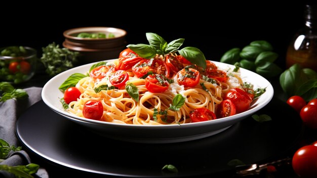 Um prato cheio de macarrão espaguete com tomate