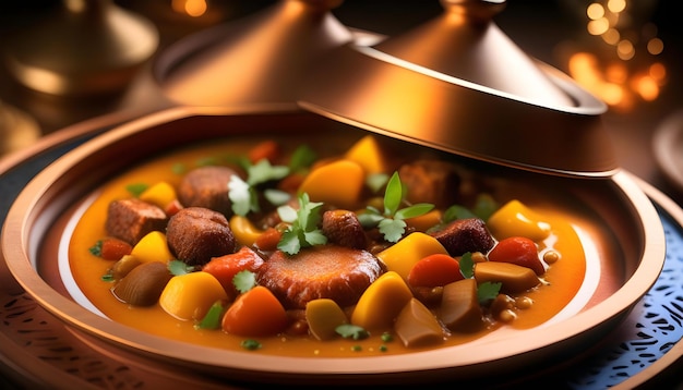 Um prato clássico de Tagine lindamente revestido e decorado em um estilo de cozinha molecular moderno