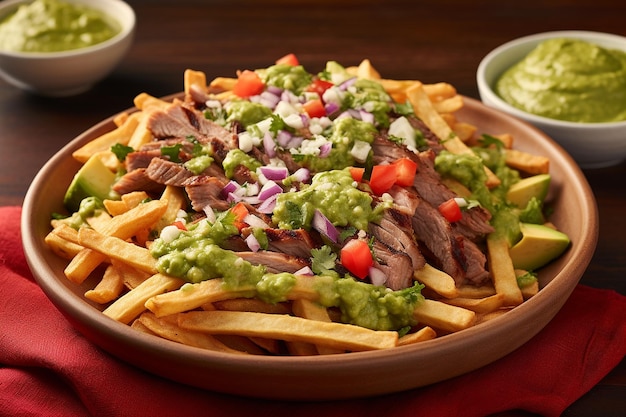 Foto um prato colorido de batatas fritas ao estilo mexicano com queijo e guacamole