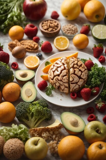 Foto um prato colorido e saudável cheio de frutas e legumes frescos