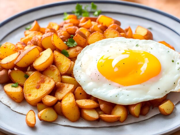 Um prato com batatas fritas e um ovo frito decorado com salsa