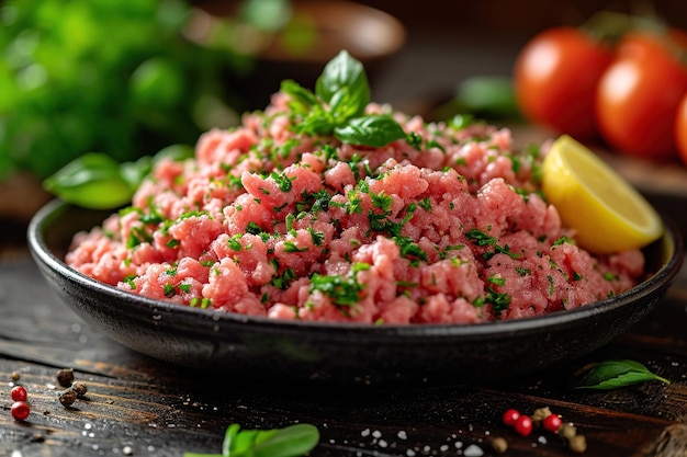 Um prato com carne picada e especiarias na cozinha em cima da mesa