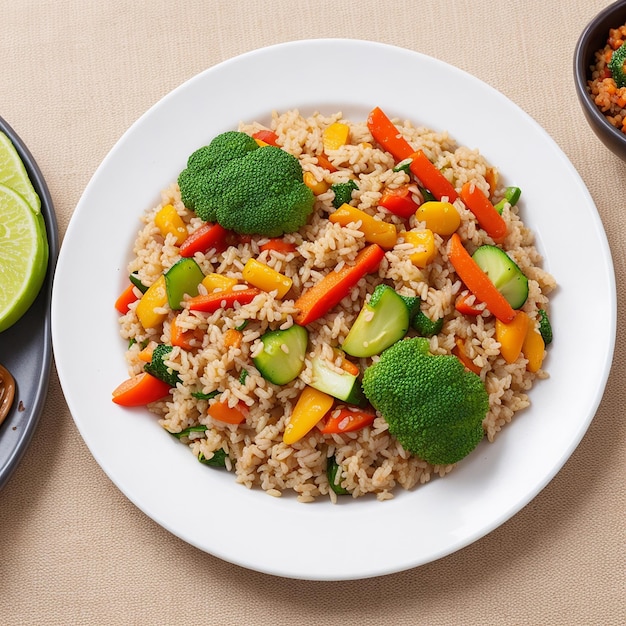 Foto um prato com delicioso arroz castanho e legumes na mesa.