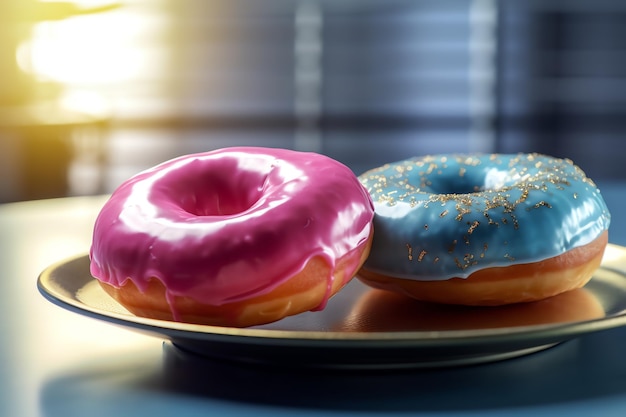 Um prato com dois donuts e um com glacê rosa e azul.