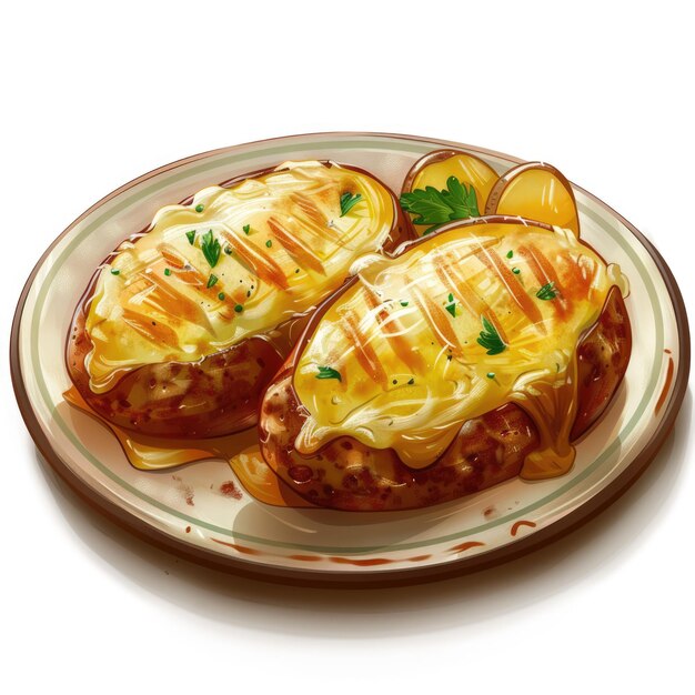 um prato com duas batatas assadas sobre ele no estilo de ilustrações altamente detalhadas arredondadas