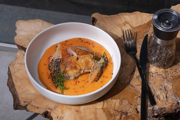 Um prato com frango frito e cenoura e puré de batata em uma mesa de madeira