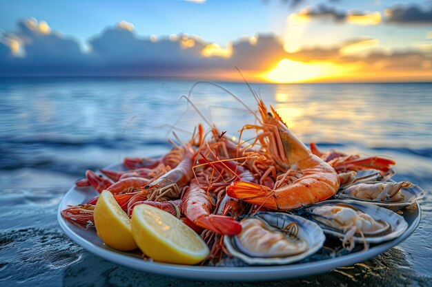 Um prato com frutos do mar, camarões, lulas, ostras, lagostas, perto do oceano.