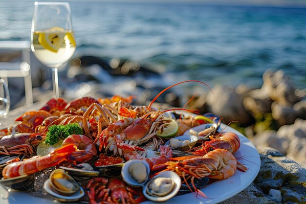 Um prato com frutos do mar, camarões, lulas, ostras, lagostas, perto do oceano.