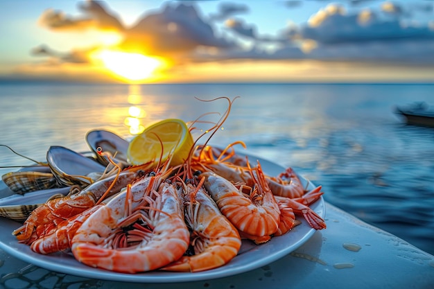 Um prato com frutos do mar, camarões, lulas, ostras, lagostas, perto do oceano.