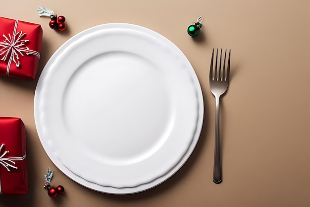 um prato com ornamentos de Natal e um garfo na mesa