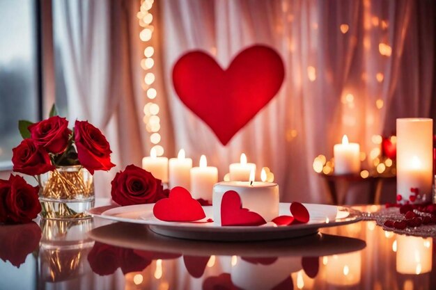 um prato com rosas e uma vela em forma de coração