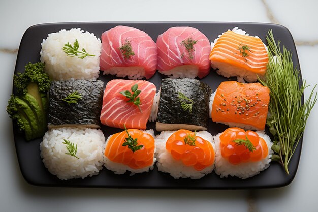 Um prato com sushi sashimi e wasabi