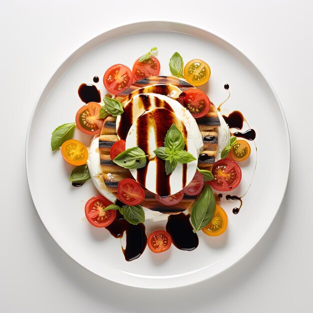 um prato com tomate e mussarela coberto de balsâmico no estilo de composições listradas