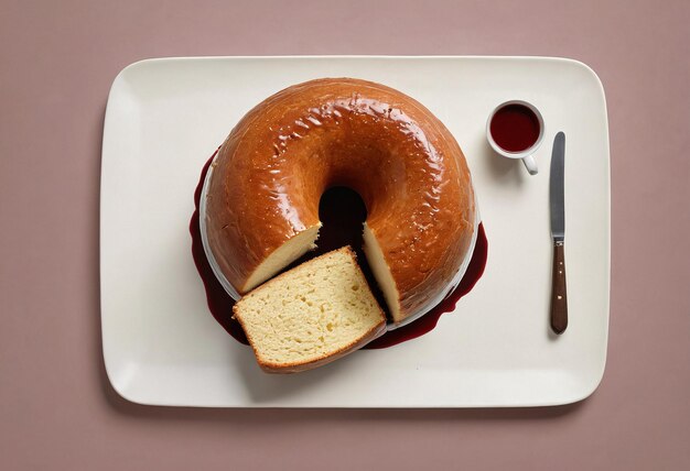 Foto um prato com um donut e uma chávena de molho nele