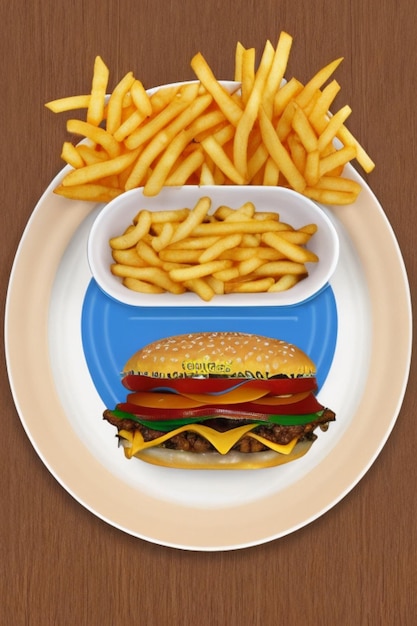 um prato com um hambúrguer e batatas fritas