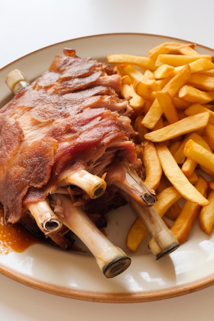 Foto um prato com um pedaço de leitão assado e batatas fritas em um branco