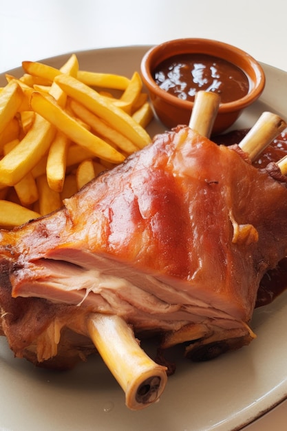 Foto um prato com um pedaço de leitão assado e batatas fritas em um branco