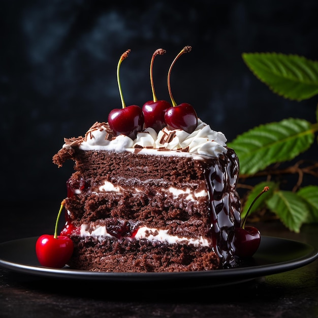Um prato com uma fatia de delicioso bolo de chocolate caseiro na mesa