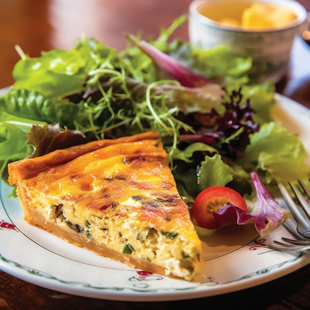 um prato com uma fatia de quiche e uma salada