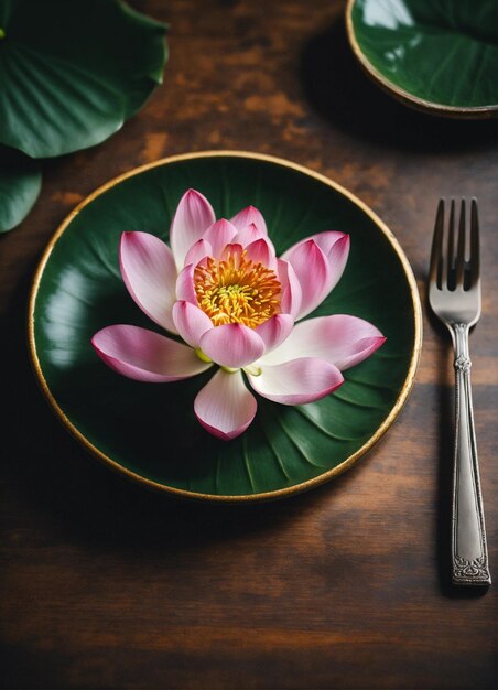 um prato com uma flor rosa e um garfo ao lado