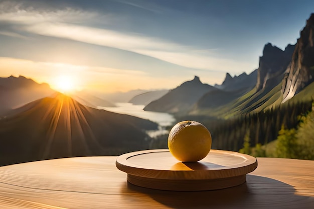 Um prato com uma peça de fruta e uma montanha ao fundo.