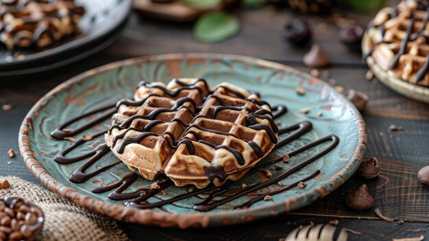 Um prato com waffles e xarope de chocolate