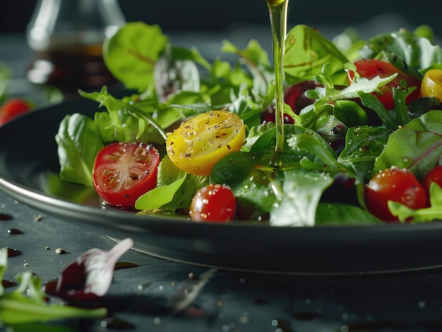 Um prato contém uma salada com tomates e alface sendo suavemente jogados