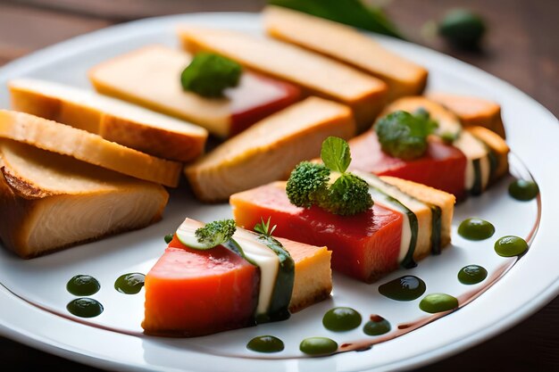 um prato de aperitivos com uma folha verde