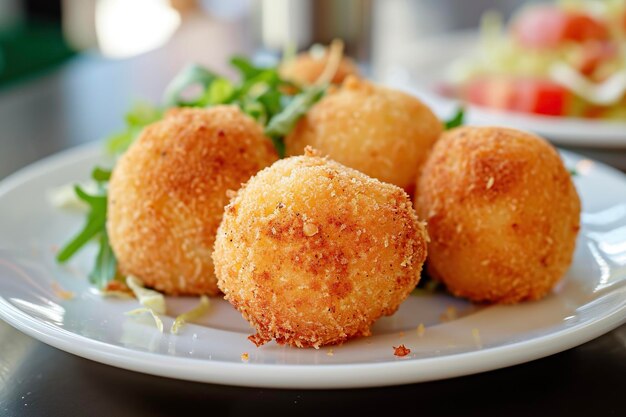 Um prato de arancini, um prato siciliano de bolas de arroz recheadas, revestidas de migalhas de pão e fritas