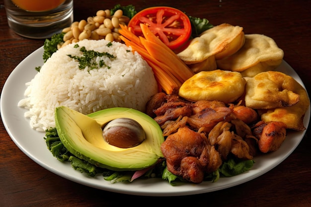 Foto um prato de arroz, abacate, carne e legumes.